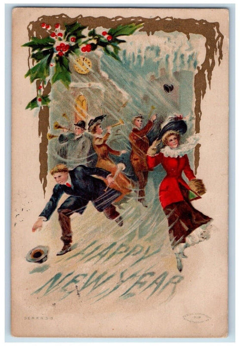 1909 New Year People Trumpet Winter Snow Holly Berries Embossed Antique Postcard