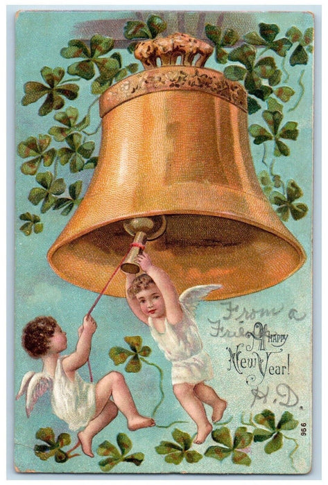 1906 New Year Angels Ringing Giant Bell Shamrock Embossed Shrewsbury PA Postcard