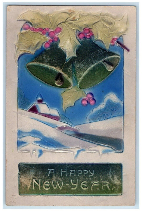 1910 New Year Holly Berries Ringing Bells Winter Snow Embossed Antique Postcard