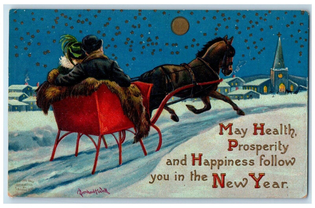 c1910's New Year Couple Horse Sleigh Moon Starts Church Winter Snow Postcard