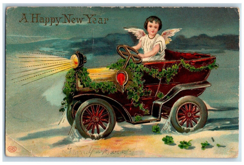 c1910's New Year Angel Driving Car Shamrocks Winter Snow Antique Gel Postcard