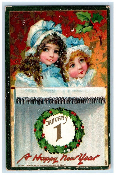 1912 New Year Pretty Little Girl Holly Whreath Embossed Tuck's Posted Postcard