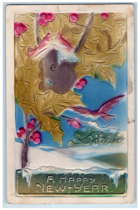 c1910's New Year Holly Berries Bird Airbrushed Embossed Posted Antique Postcard