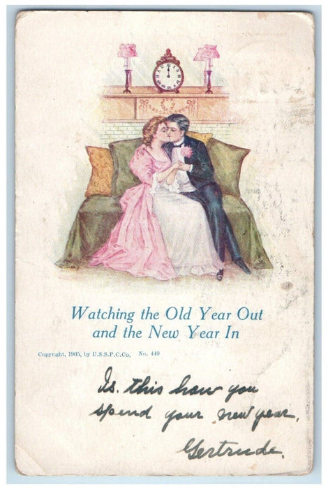 1906 New Year Sweet Couple Romance Kissing Clock Niagara Falls NY Postcard