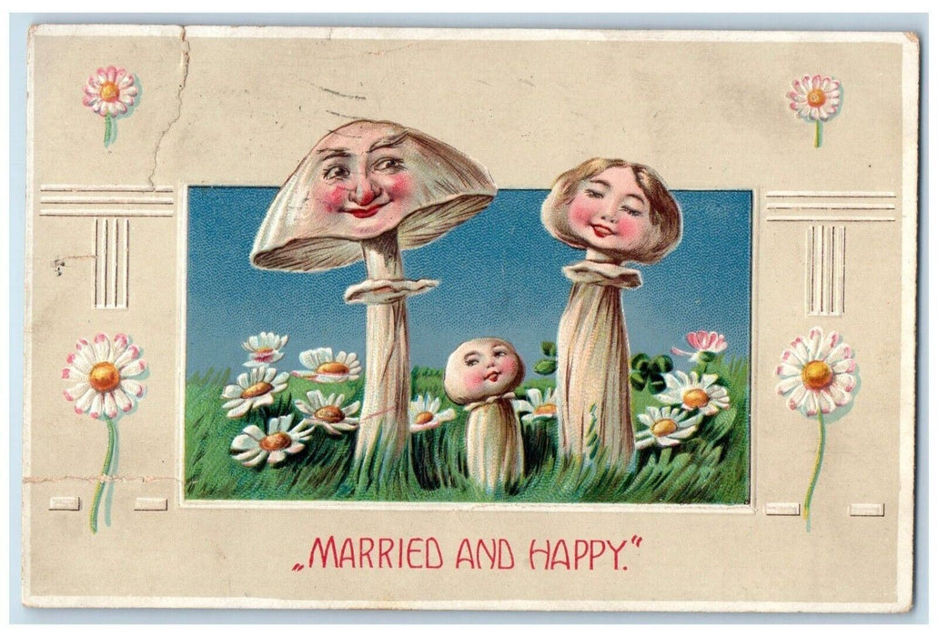 1908 New Year Anthropomorphic Mushroom White Flowers Family Wilmette IL Postcard