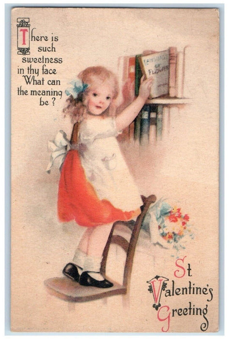 c1910's Valentine Greetings Little Girl Book Flowers Wolf Co. Antique Postcard