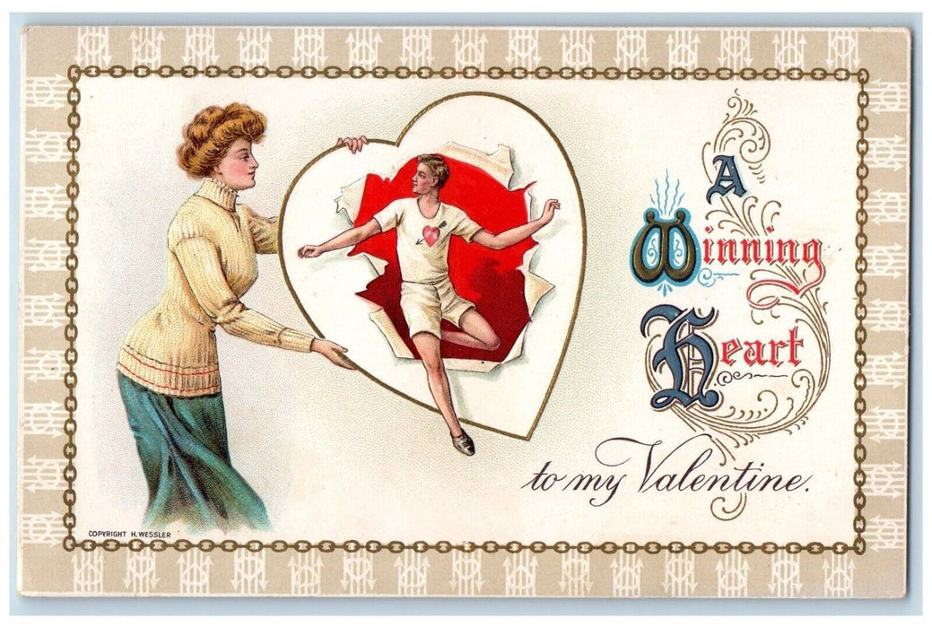 1914 Valentine Girl Winning Heart Boy Running Sports Posted Antique Postcard