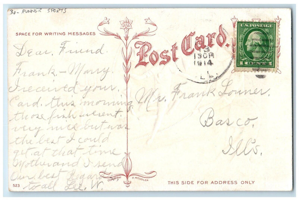 1914 Valentine Girl Winning Heart Boy Running Sports Posted Antique Postcard