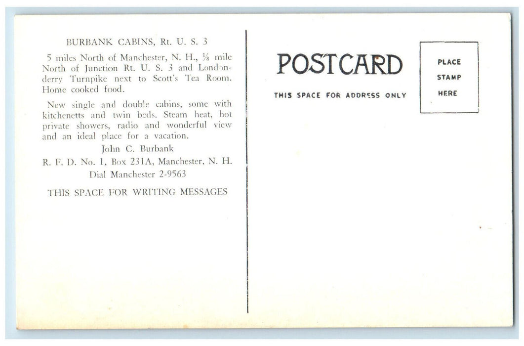 c1950's Burbank Cabins Route US 3 Manchester New Hampshire NH Vintage Postcard