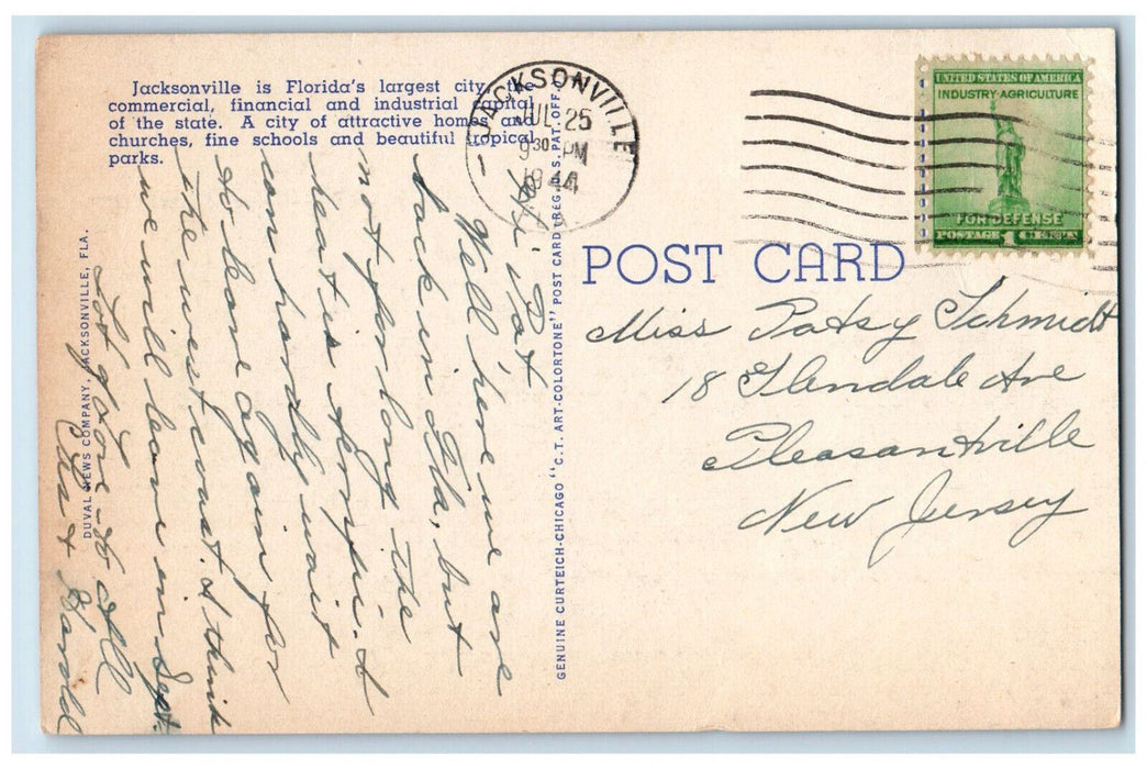 1944 Hemming Park in the Heart of Downtown Jacksonville Florida FL Postcard