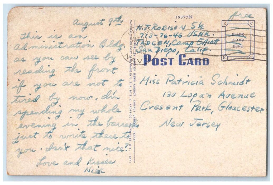 1945 Administration Bldg. Naval Air Training Center Corpus Christi TX Postcard