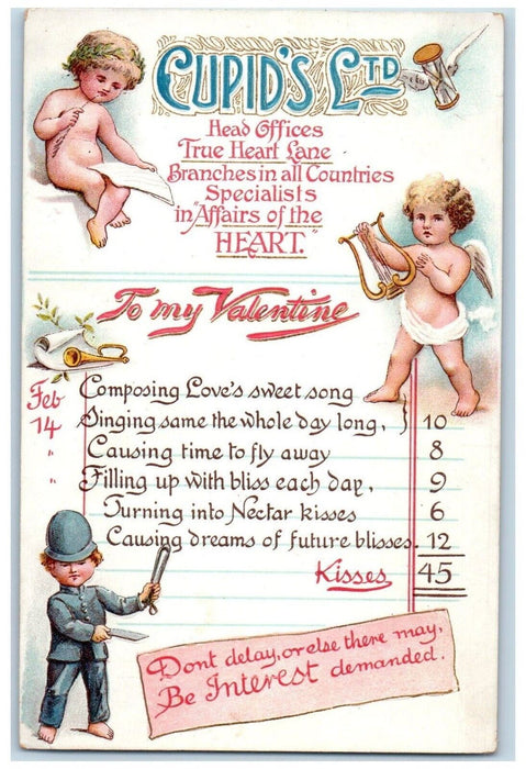 1912 Valentine Cupids Angel Police Man Hourglass Lyre Embossed Antique Postcard