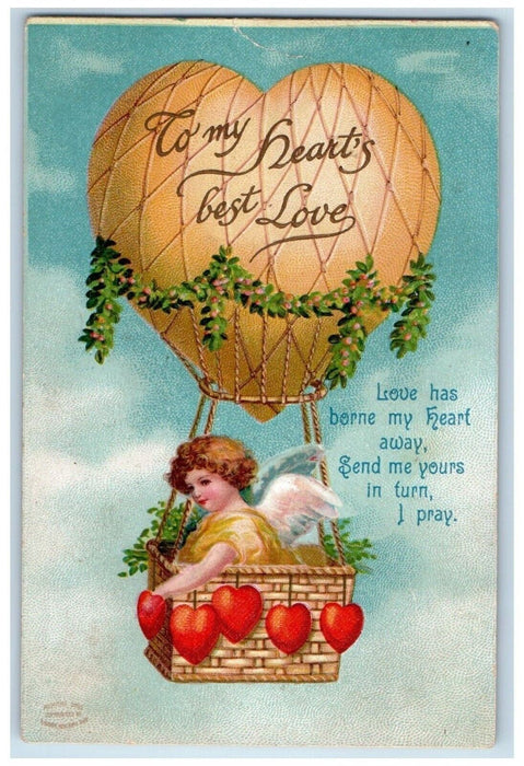 c1910's Valentine Hot Air Balloon Angel Cherub Flowers Hearts Embossed Postcard