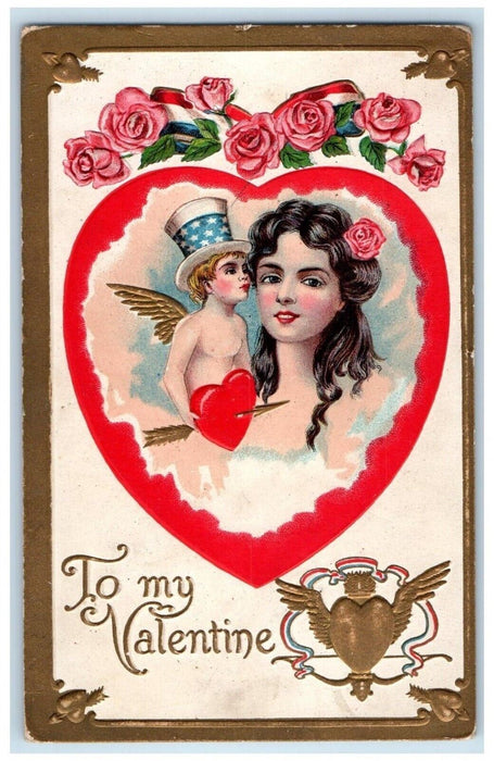 1913 Valentine Angel Uncle Sam Patriotic Pink Roses Flowers Embossed Postcard