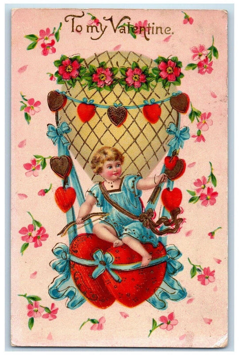 Valentine Little Girl Bow Arrow Hot Air Balloon Flowers Gel Gold Gilt Postcard