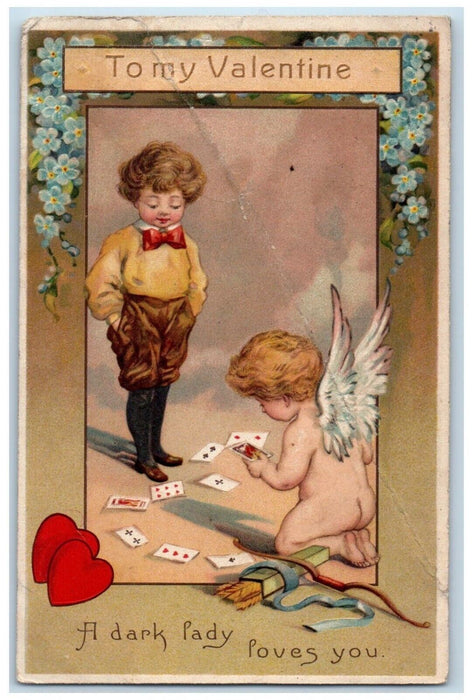 1911 Valentine Boy Angel Bare Butt Pansies Heart Gambling Chicago IL Postcard