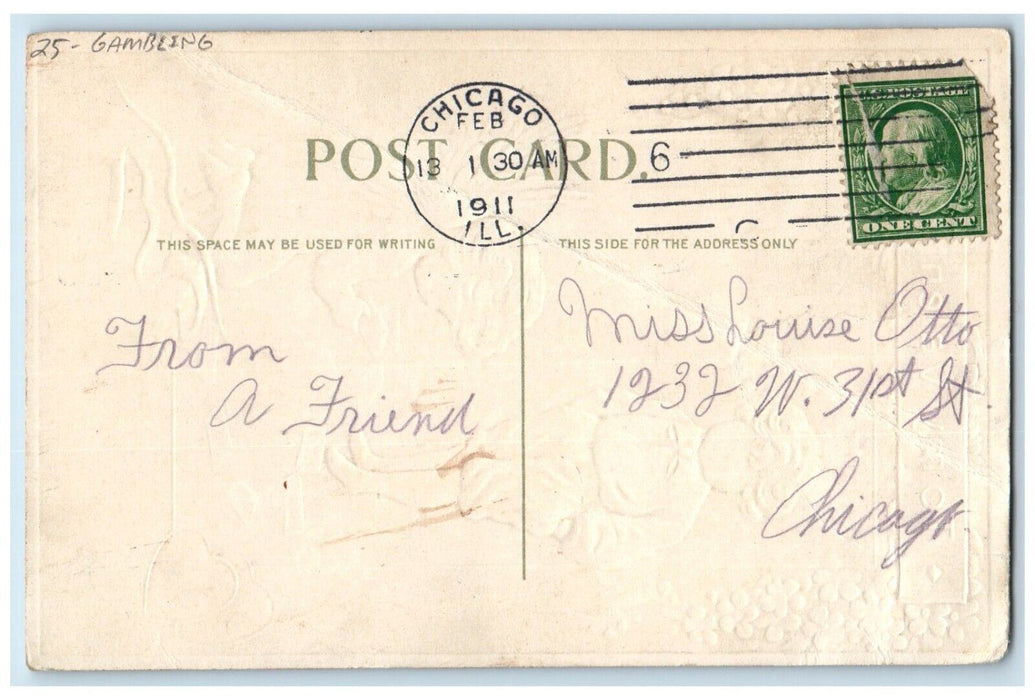 1911 Valentine Boy Angel Bare Butt Pansies Heart Gambling Chicago IL Postcard