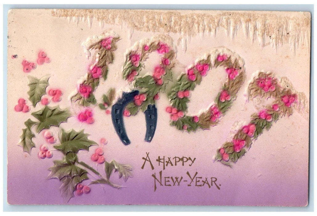 1907 New Year Large Numbers Holly Berries Airbrushed Embossed Antique Postcard