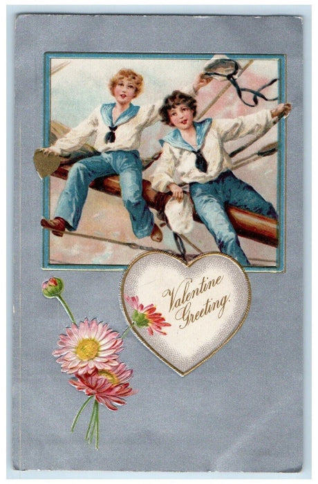 c1910's Valentine Greeting Flowers Sailors Winsch Back Embossed Antique Postcard
