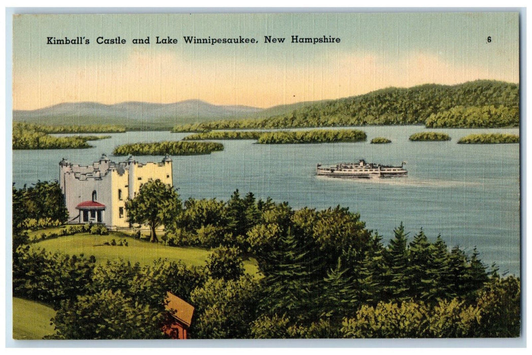 c1940's Boat Kimball's Castle and Lake Winnipesaukee New Hampshire NH Postcard