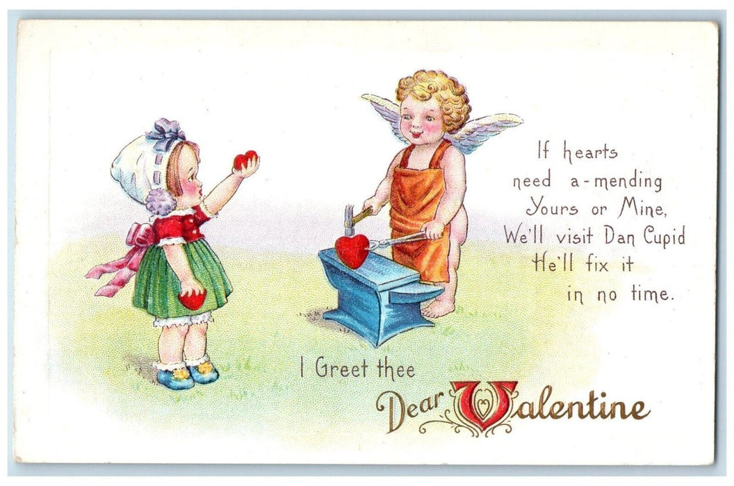 1916 Valentine Angel Bare Butt Hammer Hearts Blacksmith Embossed Posted Postcard