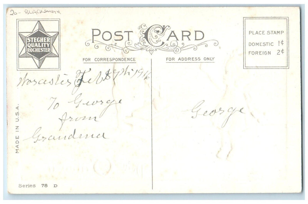 1916 Valentine Angel Bare Butt Hammer Hearts Blacksmith Embossed Posted Postcard