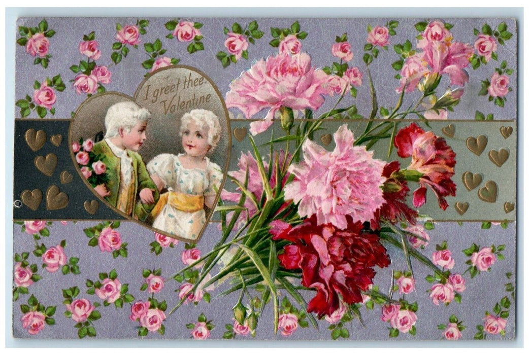 1909 Valentine Victorian Girl Boy Flowers Winsch Back Embossed Posted Postcard