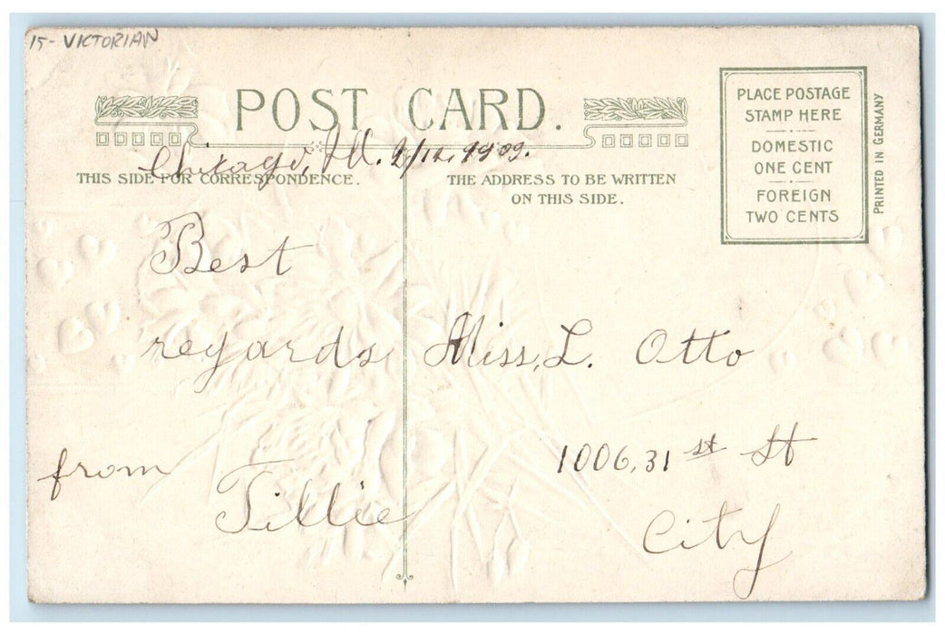 1909 Valentine Victorian Girl Boy Flowers Winsch Back Embossed Posted Postcard