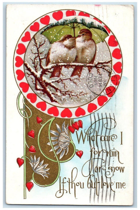 1964 Valentine Love Birds Snowfalls Hearts Girls Scout Loveland CO Postcard