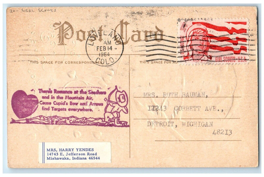 1964 Valentine Love Birds Snowfalls Hearts Girls Scout Loveland CO Postcard