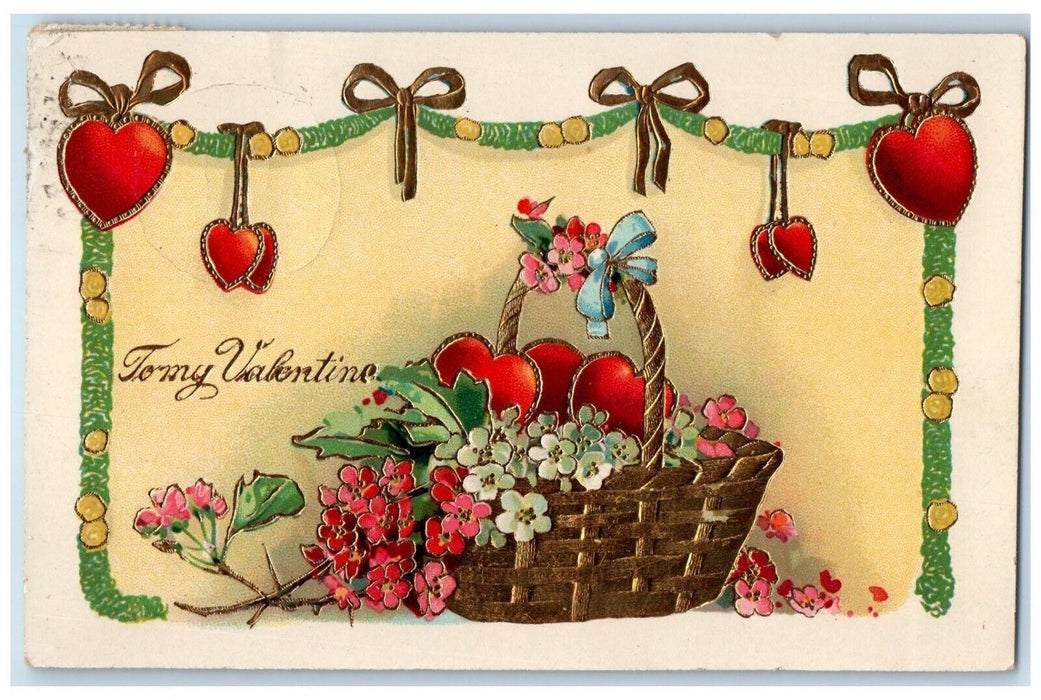 1911 Valentine Basket Of Pansies Flowers Hearts Gel Gold Gilt Antique Postcard