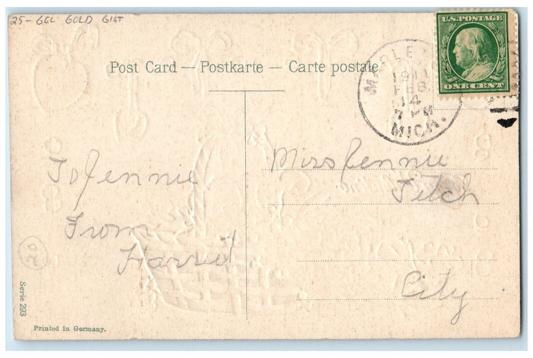 1911 Valentine Basket Of Pansies Flowers Hearts Gel Gold Gilt Antique Postcard