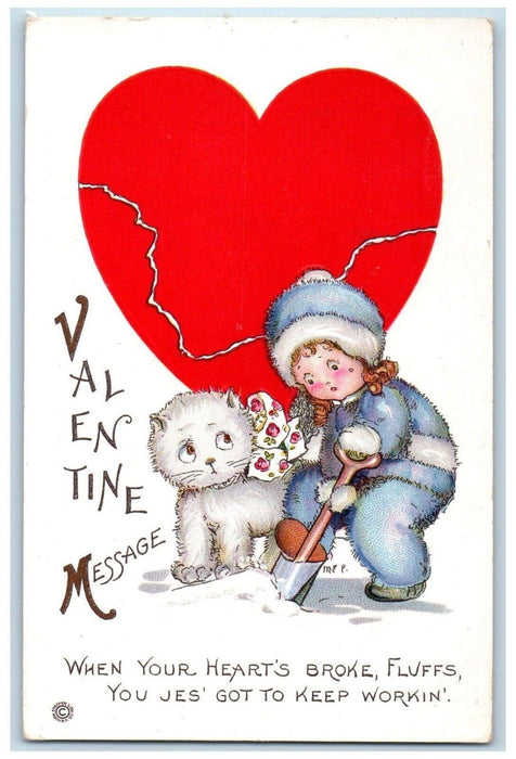 1916 Valentine Message Little Girl Shovel Dog Winter Snow Giant Heart Postcard