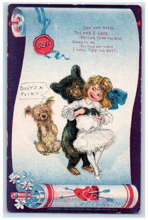 c1905 Valentine Black Bear Hugging Little Girl Dog Hearts R. F. Outcalt Postcard