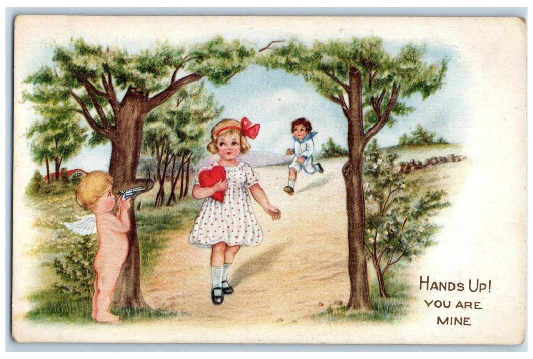 c1905 Valentine Angel Cherub Bare Butt Girl Heart Outlaw Thief Gun Postcard