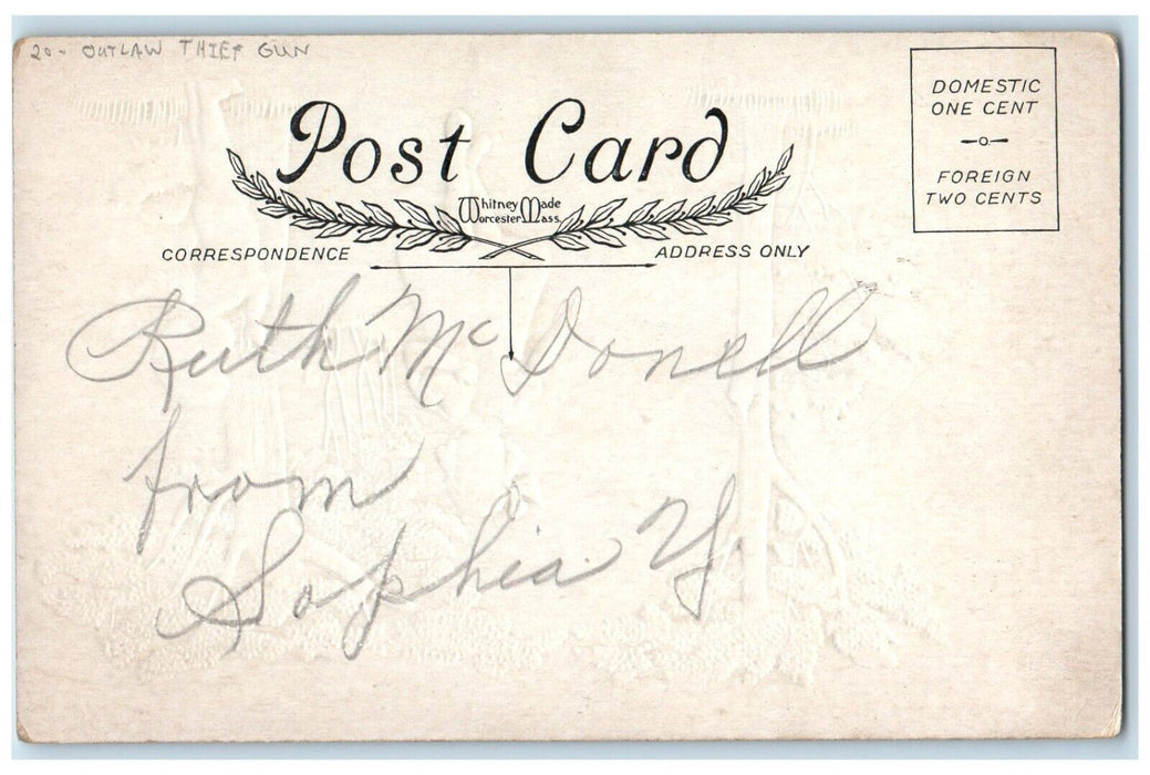 c1905 Valentine Angel Cherub Bare Butt Girl Heart Outlaw Thief Gun Postcard