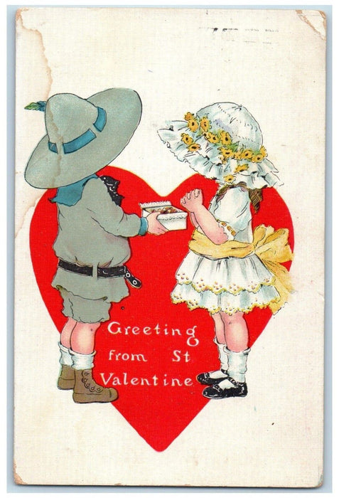 Valentine Greetings Boy Girl Chocolate Gift Military Uniform Tuck's Postcard