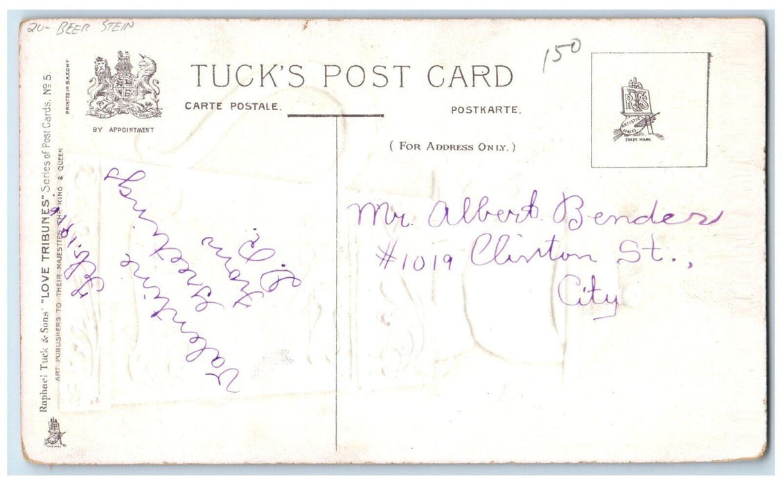 c1910's Valentine Old Man Beer Stein Embossed Antique Posted Tuck's Postcard