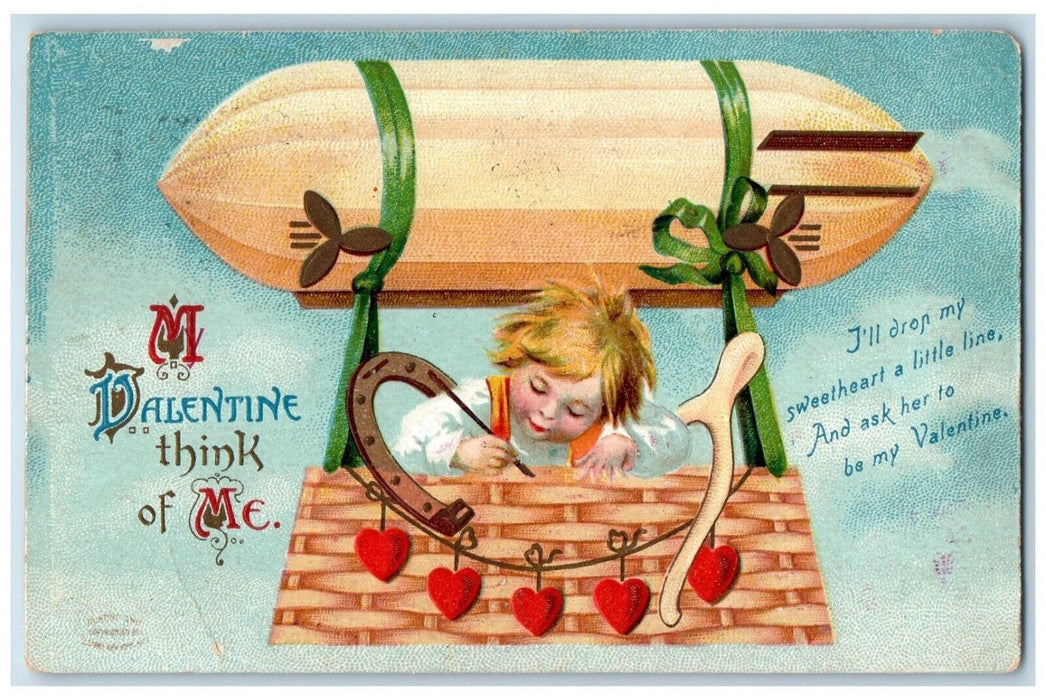 Valentine Airship Dirigible Boy Horsehoe Wishbone Hearts Freeport IL Postcard