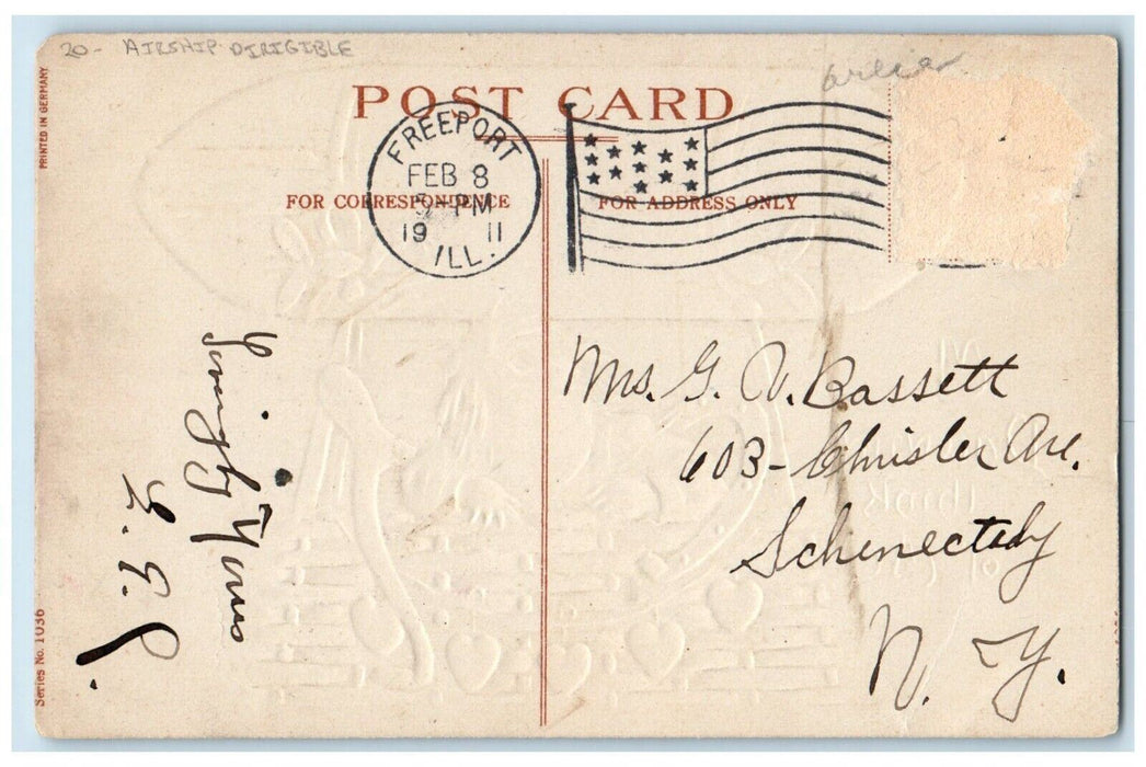 Valentine Airship Dirigible Boy Horsehoe Wishbone Hearts Freeport IL Postcard