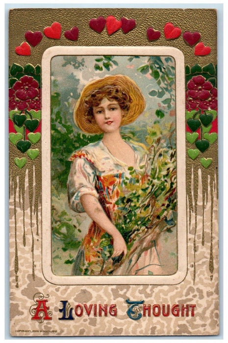 1908 Valentine Pretty Girl Hearts Flower John Winsch Artist Signed Postcard