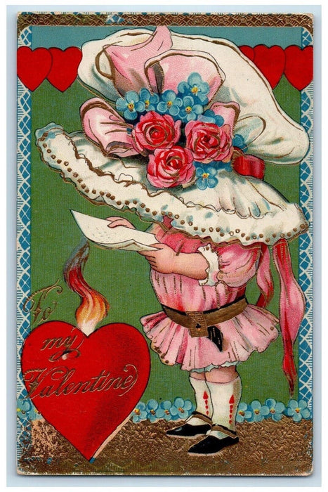 1911 Valentine Girl Big Hat Flowers Letter Heart Burning Rantoul IL Gel Postcard