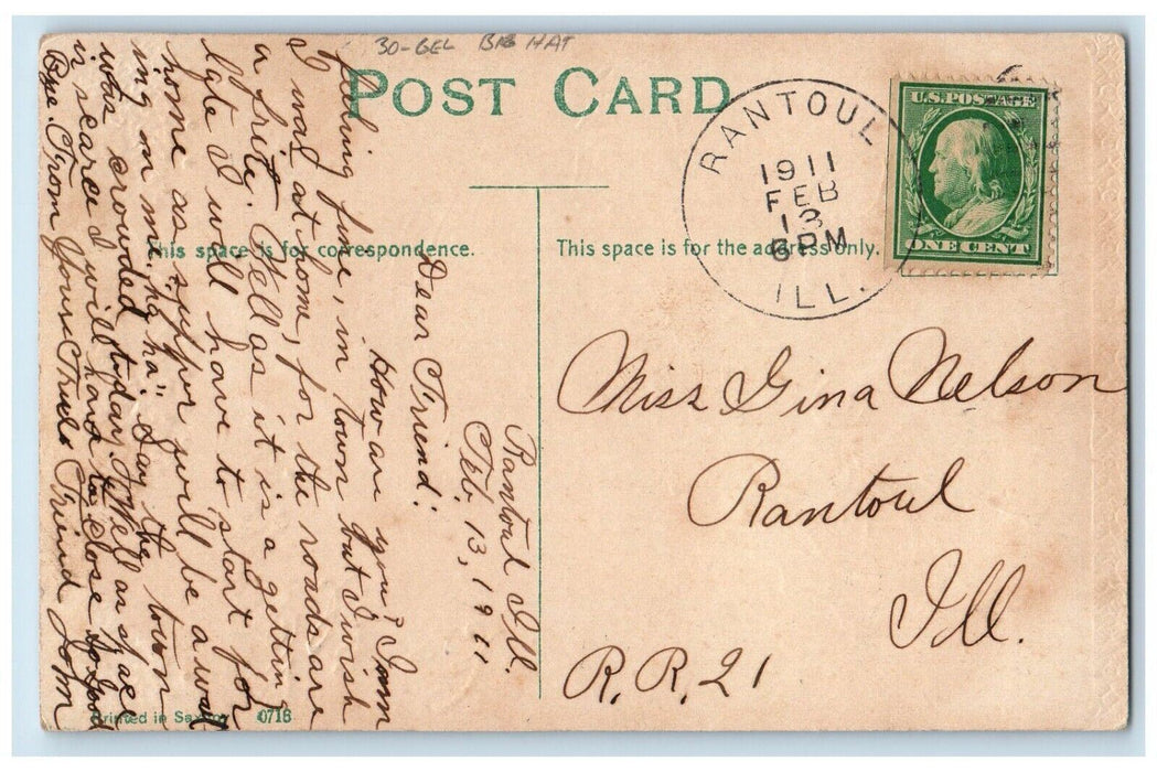 1911 Valentine Girl Big Hat Flowers Letter Heart Burning Rantoul IL Gel Postcard