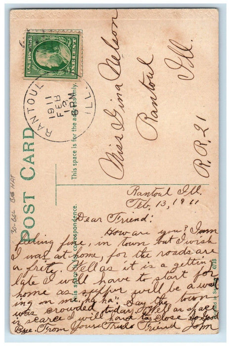 1911 Valentine Girl Big Hat Flowers Letter Heart Burning Rantoul IL Gel Postcard