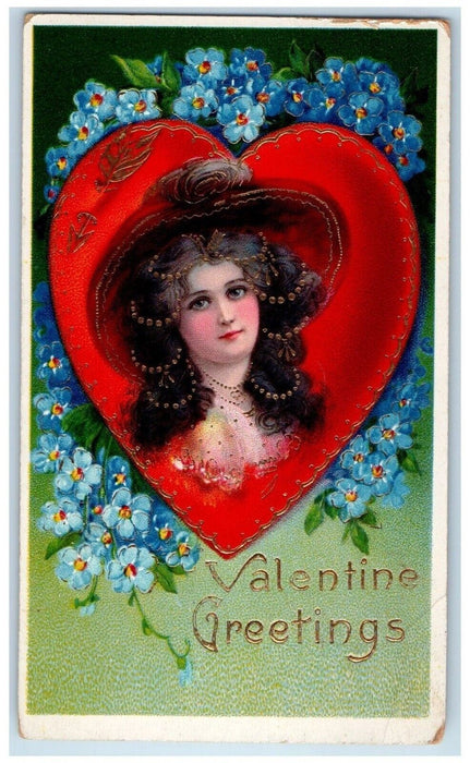 Valentine Greetings Pretty Girl Heart Pansies Flowers Gel Gold Gilt Postcard