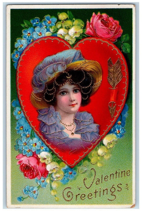 Valentine Greetings Victorian Girl Heart Pansies Flowers Gel Gold Gilt Postcard