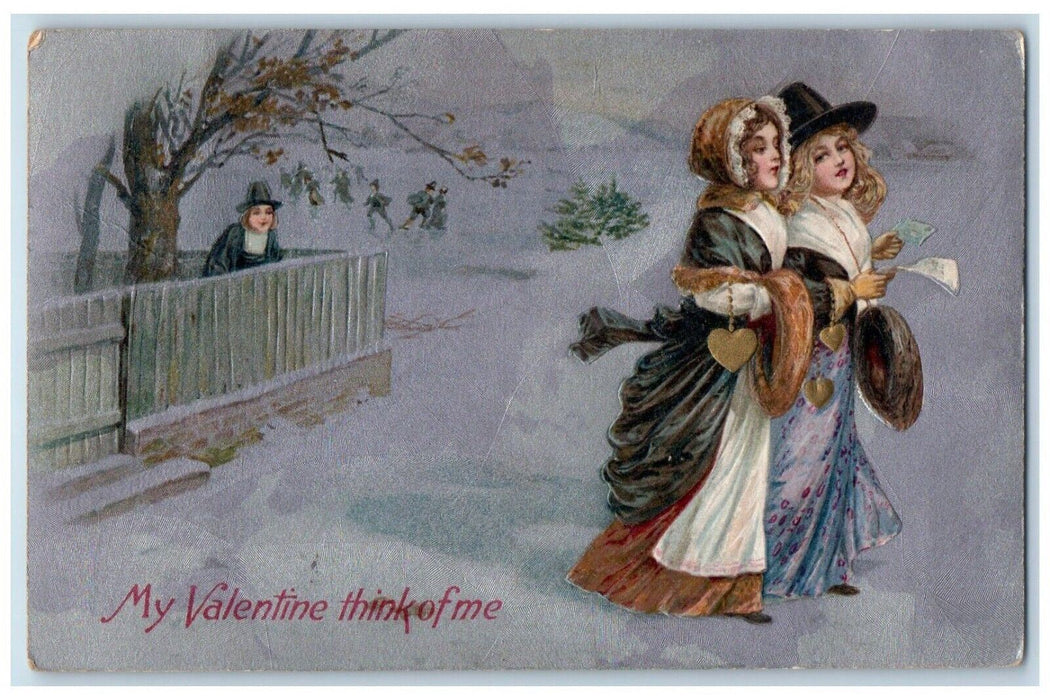 1909 Valentine Girls Stalker Pilgrim Winter Winsch Back Loomfield NJ Postcard
