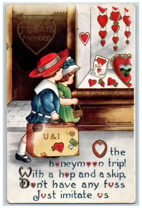 c1910's Valentine Girls Walking Hearts Mended Embossed Antique Postcard