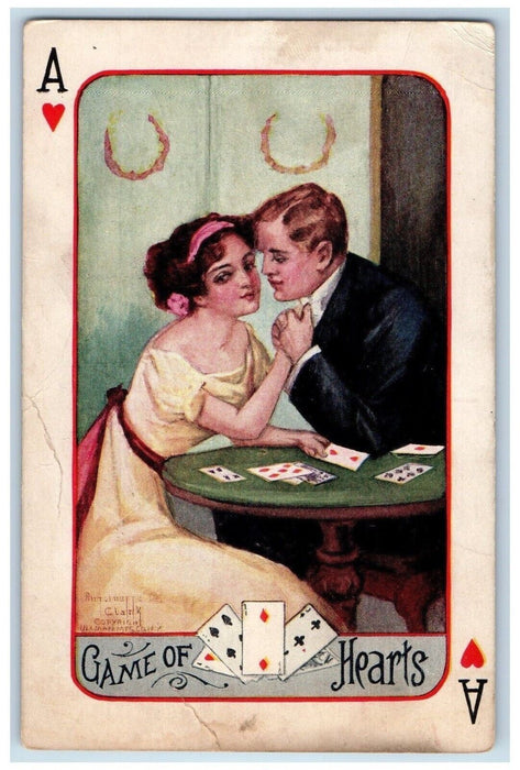 c1910's Valentine Couple Romance Playing Cards Gambling Posted Antique Postcard