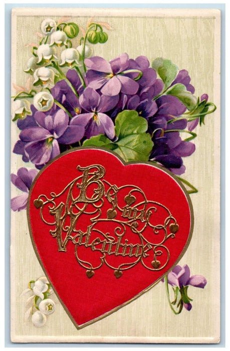 1913 Valentine Heart Purple Pansies Flowers Winsch Back Embossed Silk Postcard